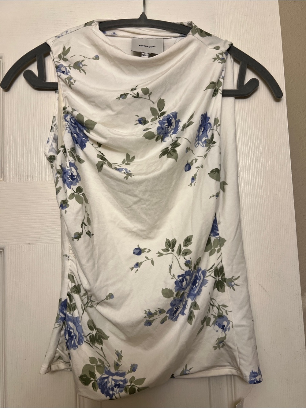 Reformation White Sleeveless Cowl Neck Top with Blue Floral Print